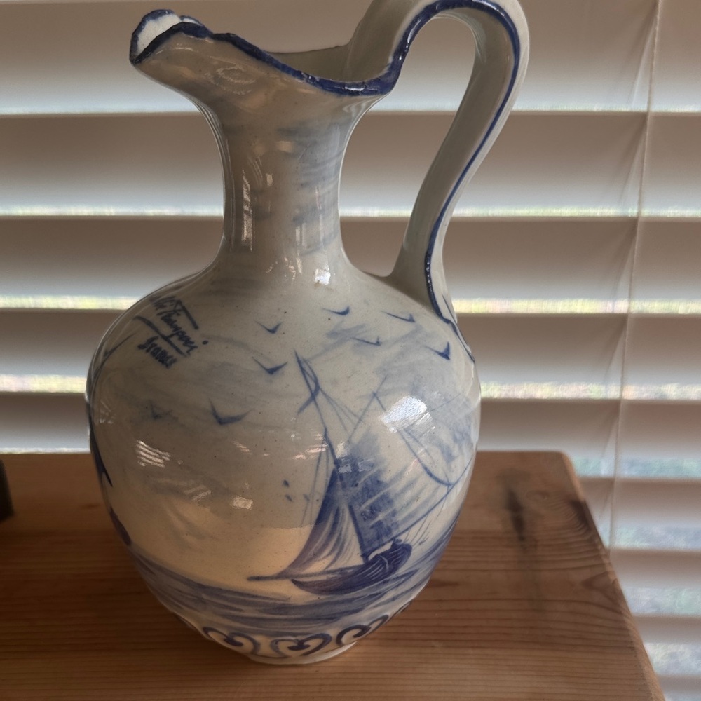 Blue and White Sailboat Ceramic Pitcher